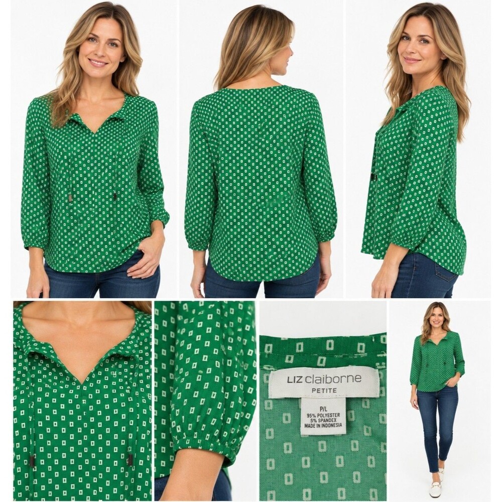 Liz Claiborne Blouse Top PL Woman Petite Green White Geo Stretch Knit 3/4 Sleeve